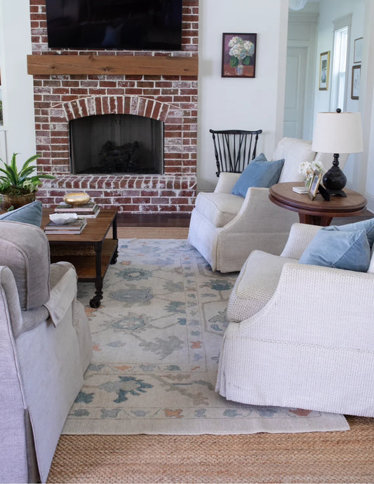 Olivia Neutral Wool Oushak Rug with Blues & Greens