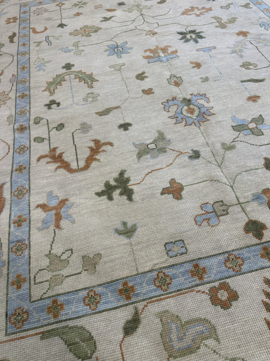 Cream & Sky Blue Handcrafted Oushak Rug