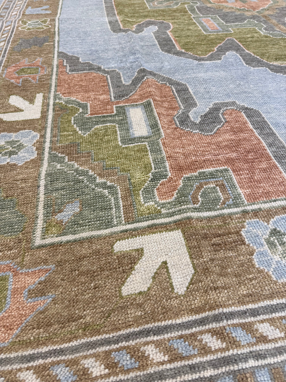 Close-up of a patterned area rug showing a geometric design in muted earthy tones of brown, sage green, terracotta, and light blue.