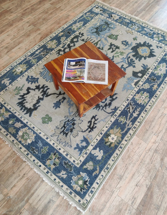 Vintage Style Neutral & Cobalt Blue Bordered Rug