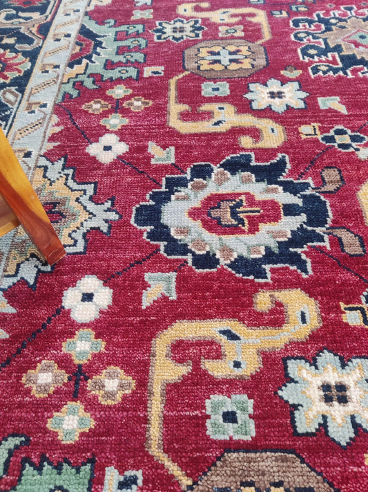 Crimson Red & Navy Blue Oriental Bordered Rug