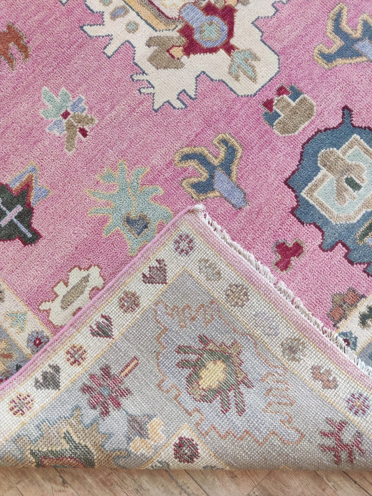 Vibrant Bubblegum Pink & Slate Grey Border Oushak Rug