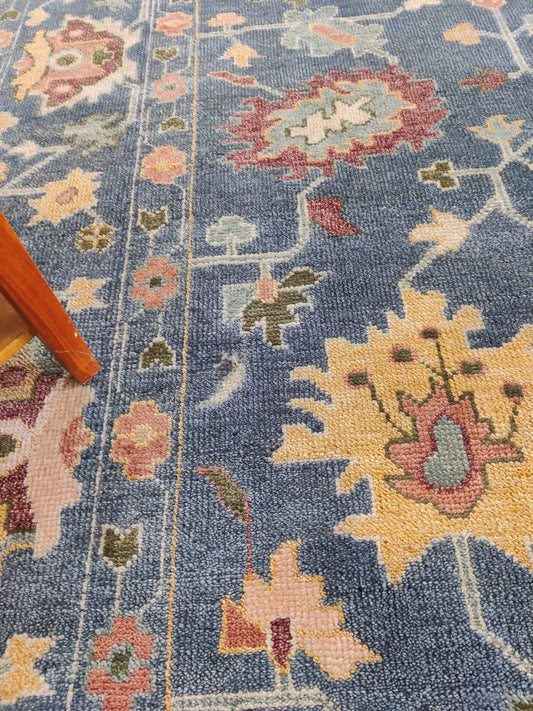 Ocean Blue & Pastel Floral Bordered Oushak Rug