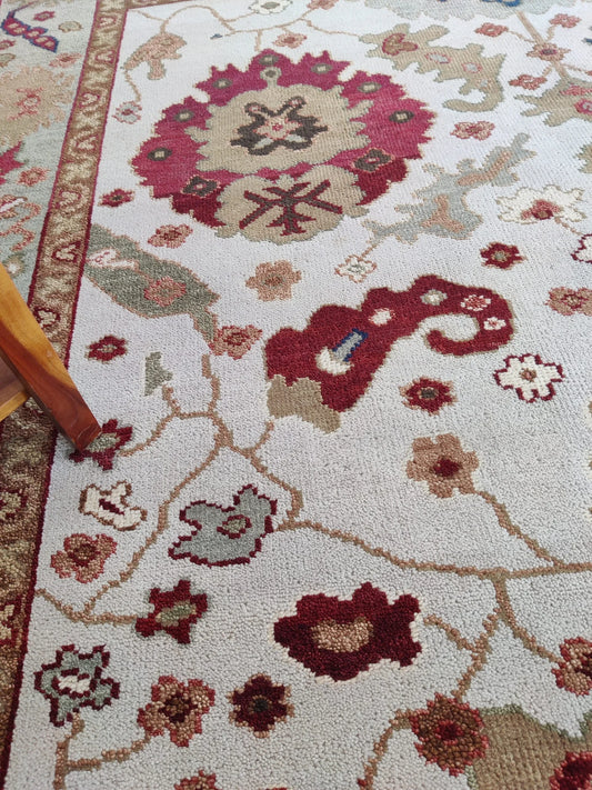 Ivory & Crimson Red Floral Oushak Rug