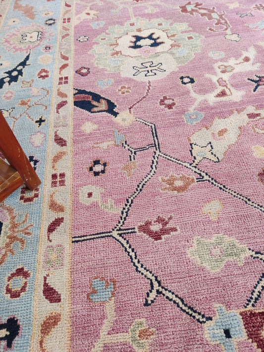 Soft Pink & Sky Blue Bordered Oushak Rug