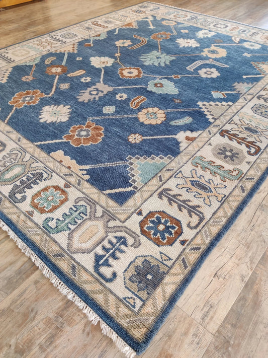 Deep Royal Blue & Cream Bordered Oushak Rug