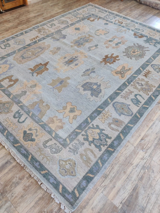 Muted Sky Blue & Cream Bordered Oushak Rug