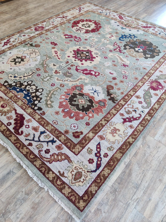Muted Sage Green & Burgundy Floral Oushak Rug