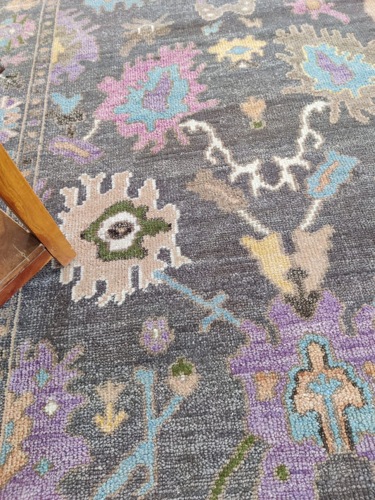 Dark Charcoal & Pastel Purple Floral Oushak Rug
