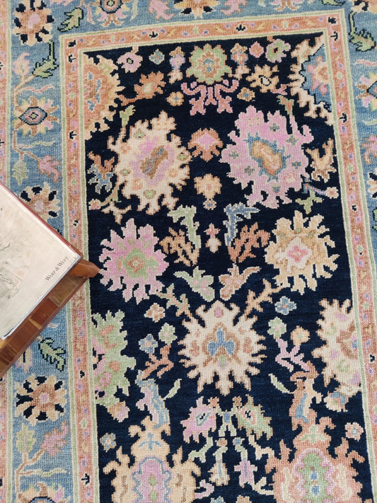 Vintage Style Midnight Blue & Blush Floral Turkish Rug
