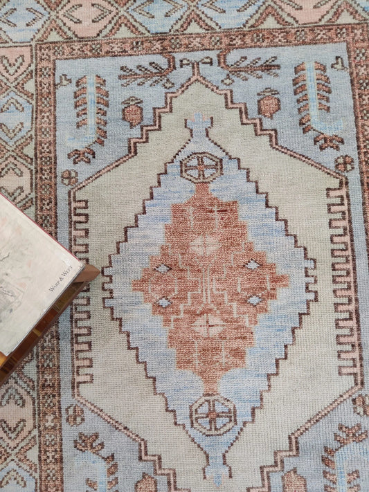 Terracotta & Soft Sky Blue Medallion Oushak Rug