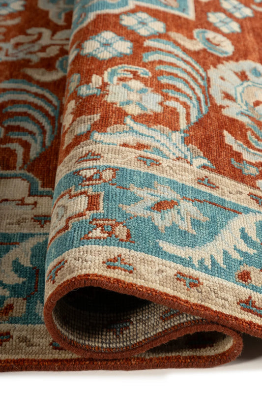 Terracotta Red & Sky Blue Medallion Oushak Rug