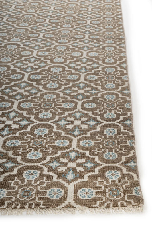 Muted Taupe & Soft Blue Geometric Lattice Oushak Rug