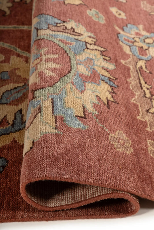 Terracotta & Muted Blue Floral Oushak Rug