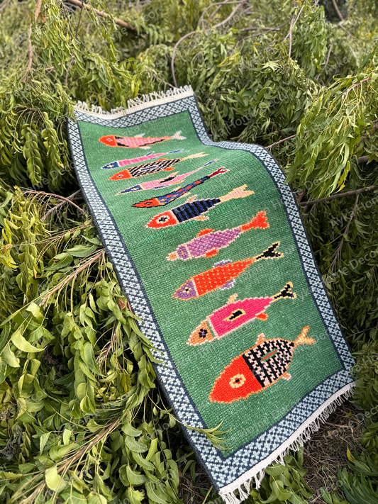 Emerald Aquatic Fish Motif Hand-Knotted Wool Runner