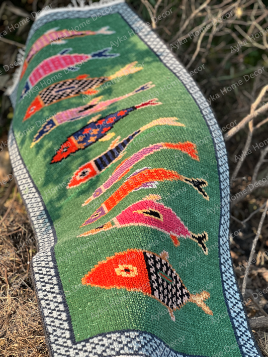 Emerald Aquatic Fish Motif Hand-Knotted Wool Runner