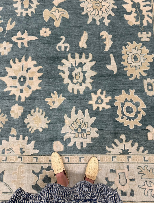 Lucille Slate Blue Floral Oushak Wool Rug
