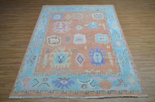 Peach Coral & Light Blue Floral Oushak Rug