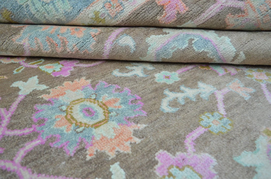 Muted Taupe & Pastel Blue Bordered Oushak Rug