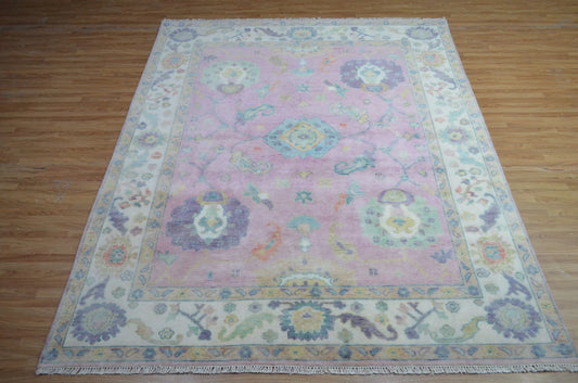 Soft Lavender Pink & Off-White Floral Oushak Rug