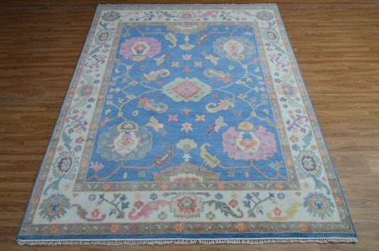 French Blue & Pastel Pink Medallion Oushak Rug