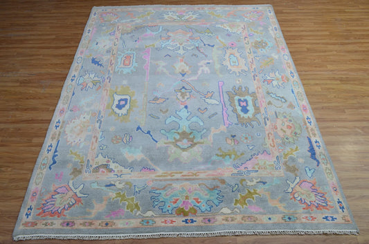 Muted Greyish Blue & Pastel Floral Oushak Rug