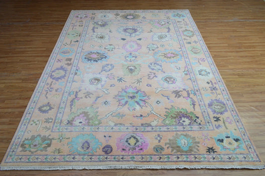 Muted Sky Blue & Pastel Pink Oushak Rug
