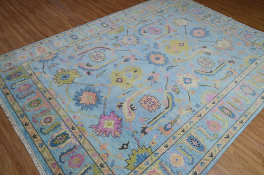 Sky Blue & Pastel Floral Bordered Oushak Rug