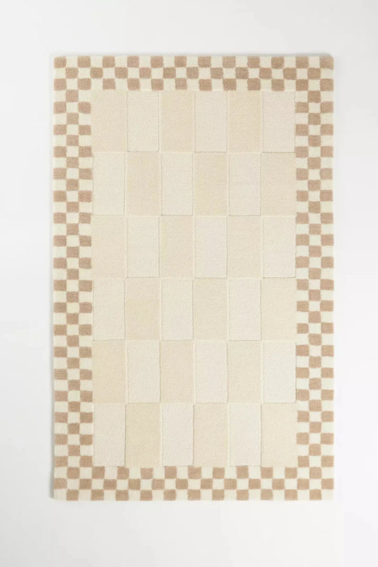 Beige Grid Checker Border Tufted Accent Rug