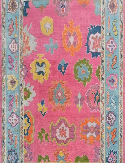 Vibrant Magenta Pink & Sky Blue Bordered Oushak Rug