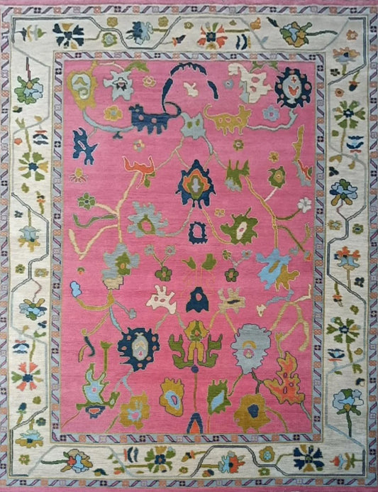 Vibrant Candy Pink & Ivory Bordered Oushak Rug