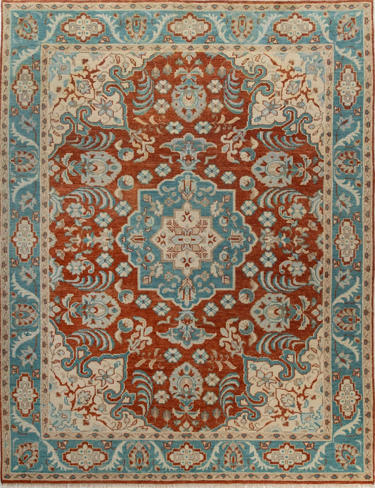 Terracotta Red & Sky Blue Medallion Oushak Rug