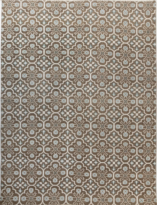 Muted Taupe & Soft Blue Geometric Lattice Oushak Rug