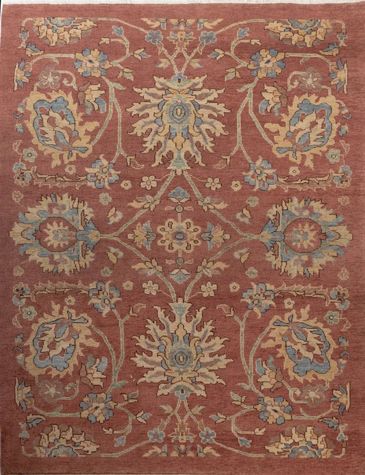 Terracotta & Muted Blue Floral Oushak Rug