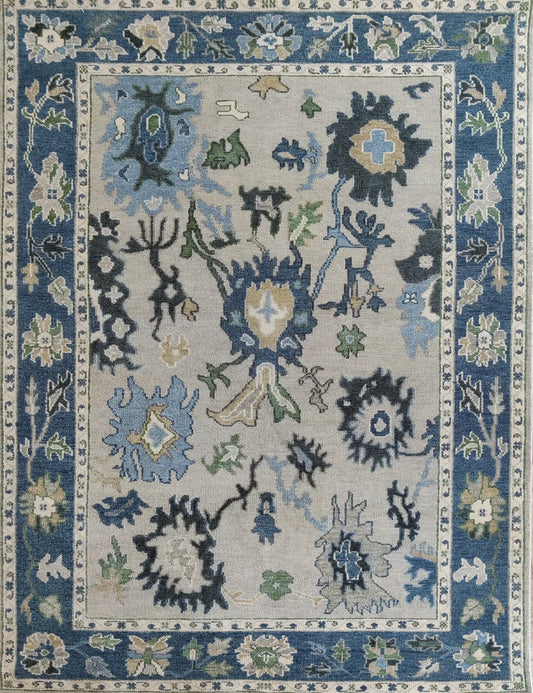 Vintage Style Neutral & Cobalt Blue Bordered Rug