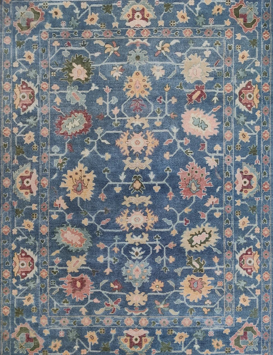 Ocean Blue & Pastel Floral Bordered Oushak Rug