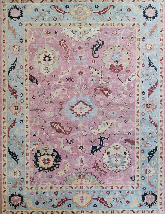 Soft Pink & Sky Blue Bordered Oushak Rug