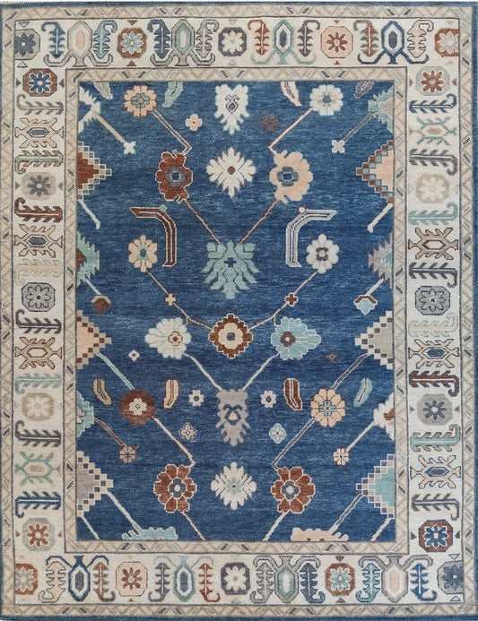 Deep Royal Blue & Cream Bordered Oushak Rug