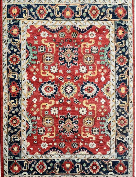 Crimson Red & Navy Blue Floral Oushak Rug