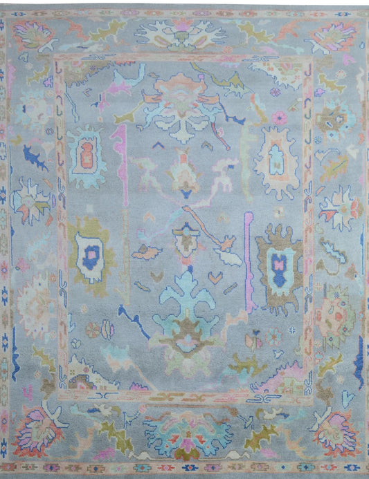 Muted Greyish Blue & Pastel Floral Oushak Rug