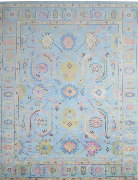 Sky Blue & Pastel Floral Bordered Oushak Rug