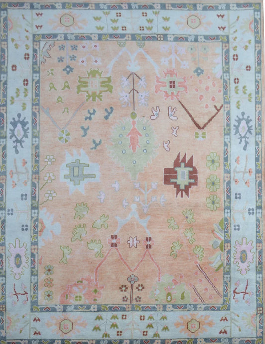 Soft Peach & Mint Green Border Oushak Rug