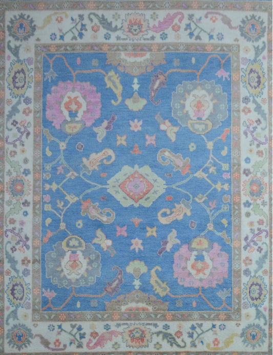 French Blue & Pastel Pink Medallion Oushak Rug