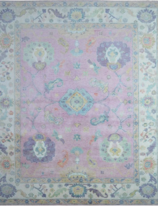 Soft Lavender Pink & Off-White Floral Oushak Rug