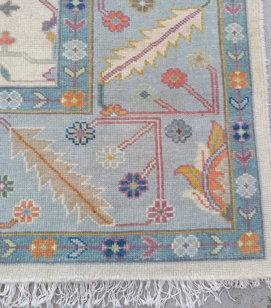 Ivory & Light Blue Bordered Floral Oushak Rug