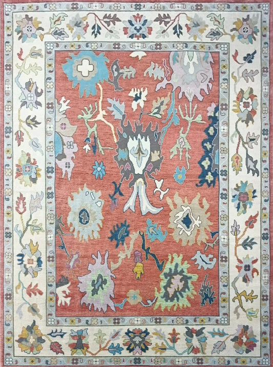 Terracotta Red & Cream Bordered Oushak Rug
