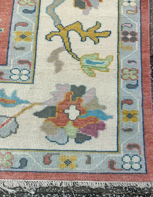Terracotta Red & Cream Bordered Oushak Rug