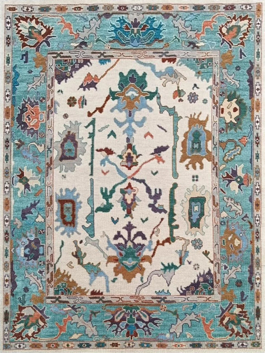 Teal Blue & Cream Bordered Oushak Rug