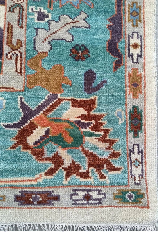Teal Blue & Cream Bordered Oushak Rug