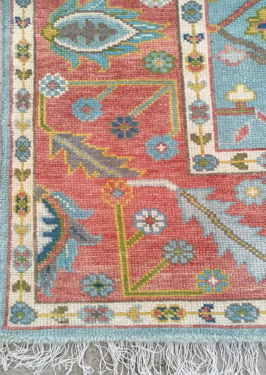 Light Blue & Coral Red Bordered Oushak Rug